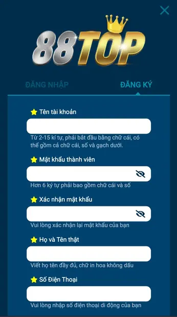 Cách Đăng Ký Tài Khoản Tại 88TOP Casino Online